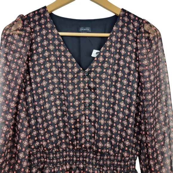 Talbots Fit & Flare Midi Dress in Dainty Medallion Size 4 V-Neck Flounced Hem - Picture 4 of 10